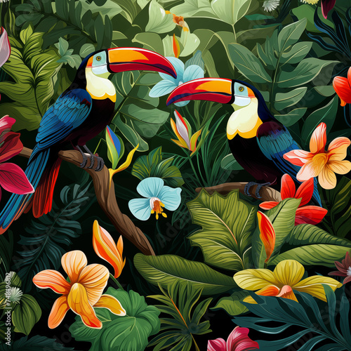 Vibrant Painting of Toucans Surrounded by Tropical Flowers. Generative AI