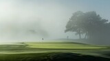The silhouette of a golfer bending to place the ball, enveloped by the ethereal morning mist on a lush golf course.