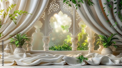 Ornate geometric patterns intertwining with the elegant script of "Eid Mubarak," forming a captivating display against the backdrop of the pristine white wall