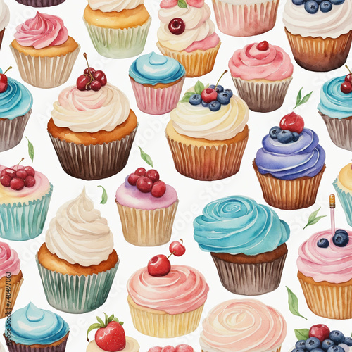 an array of wedding cupcakes in watercolor style isolated on a transparent background