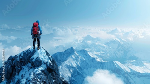 A lone climber in colorful gear stands atop a snowy peak, surveying the expansive mountain range beneath a clear blue sky.