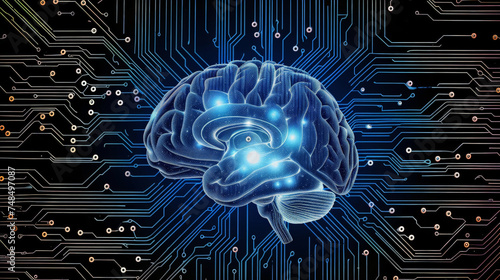 synergies of human mind with circuit board background, futuristic, technology