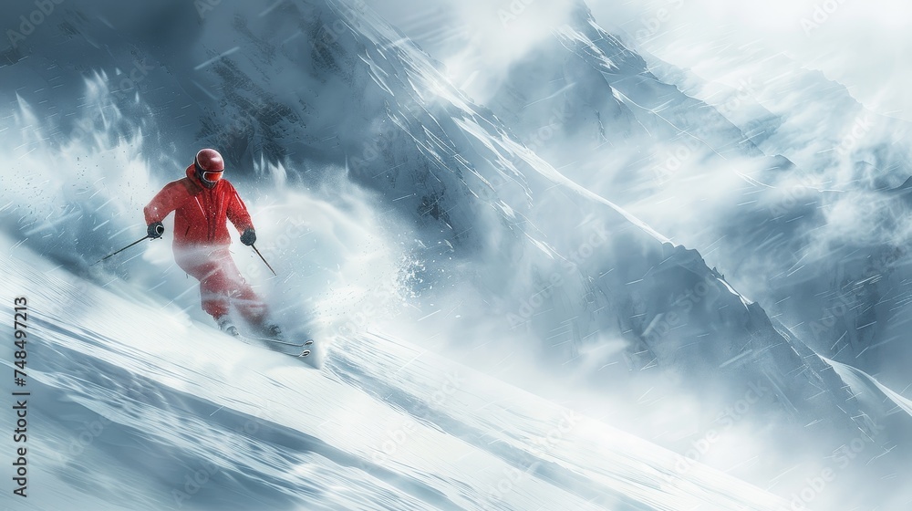 A solitary skier in a striking red suit carves a path on a snowy slope with the mountain's majesty looming in the background amidst a snowstorm.