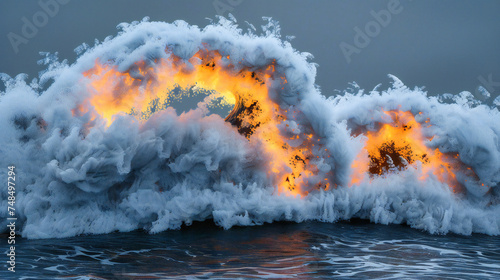 Volcano Eruption with Lava Flowing into Ocean, Dramatic Nature Scene in Hawaii, Power and Destruction Concept photo