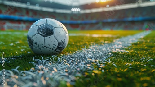 Close-up of a well-used soccer ball on vibrant green stadium turf  illuminated by stadium lights.