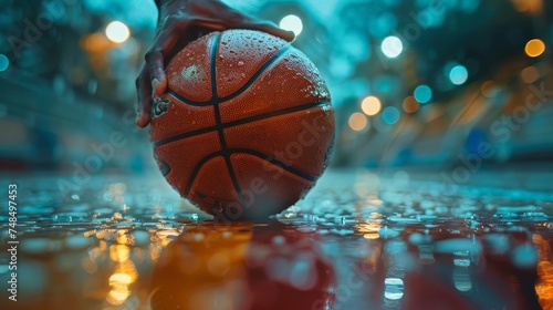 Close-up of a basketball on a glistening wet outdoor court, with bokeh lights creating a moody atmosphere.