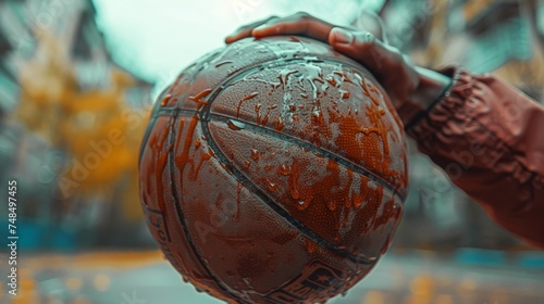 Close-up of a hand holding a wet basketball  with water droplets accentuating its texture  against a blurred background.