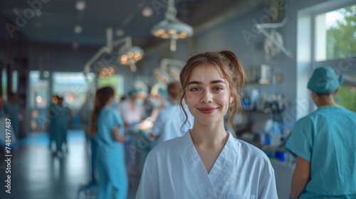 Portrait of a happy young doctor in uniform against the background of a medical team. The doctor smiles and looks at the camera. Background with bokeh effect. AI generative