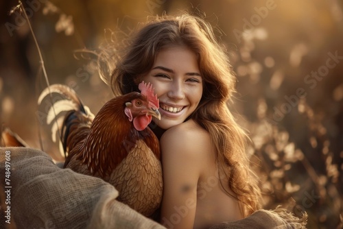 Happy young woman with a brown hen