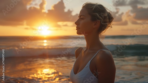 A serene woman in a peaceful meditation pose on a beach as the sunrise creates a tranquil backdrop.