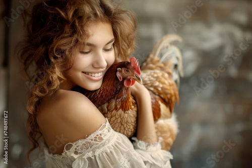 Happy young woman with a brown hen