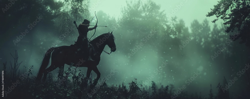 Silhouetted Knight. Gallant Warrior Riding into the Sunset, Sword Drawn and Bow Ready, Mounted on His Majestic Steed, Embarking on a Heroic Adventure - obrazy, fototapety, plakaty 