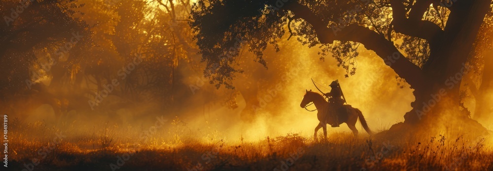 Silhouetted Knight. Gallant Warrior Riding into the Sunset, Sword Drawn and Bow Ready, Mounted on His Majestic Steed, Embarking on a Heroic Adventure - obrazy, fototapety, plakaty 