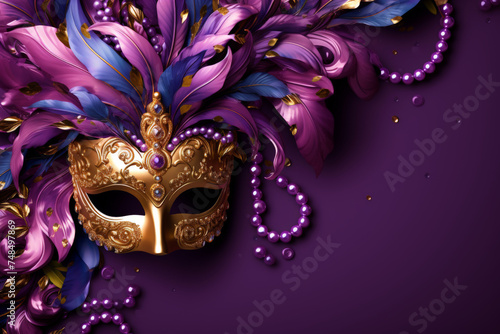 Carnival mask on purple background, Mardi Gras carnival party banner, empty space fot text © Planetz