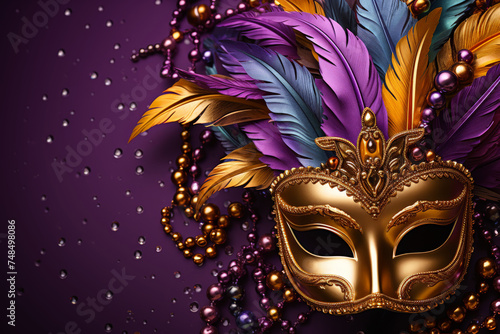 Carnival mask on purple background, Mardi Gras carnival party banner, empty space fot text © Planetz