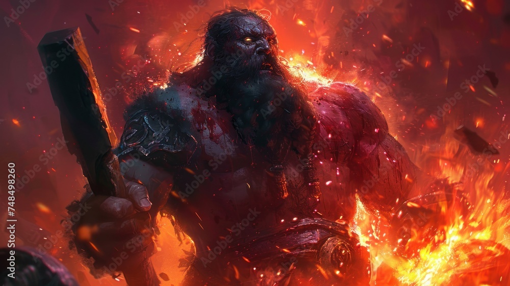 Obraz premium Fiery Cyclops in a Vivid Inferno. Surreal Artistic Rendering of the Mythical Beast amidst a Background of Intense Heat and Red Hot Flames
