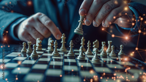Close-up of a visionary leader's hands strategically moving chess pieces on a digital board, symbolizing innovative leadership in business concept