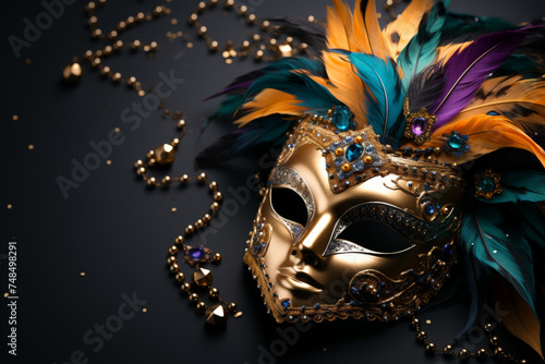 Carnival mask on black background, Mardi Gras carnival party banner, empty space fot text