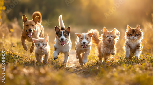 Cute funny dog and cat group jumps and running and happily a field blurred background © Ummeya