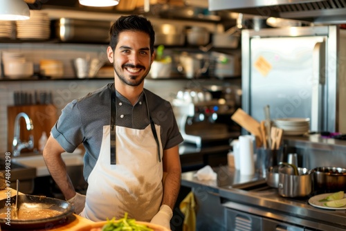 Male entrepreneur wearing apron in kitchen at coffee shop