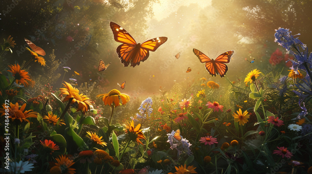 Butterflies fluttering among wildflowers in a sunlit clearing, a colorful and pure interaction of flora and fauna Butterflies fluttering among wildflowers in a sunlit clearing, a colorful and pure interaction of flora and fauna