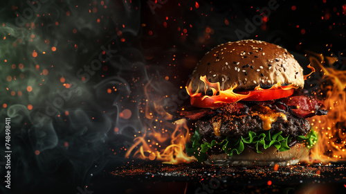 Delicious burger with fire flames particles on black texture background © Ummeya
