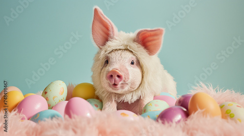 Exuberant piggy in a tailor-made Easter rabbit costume, amidst a pile of lustrous eggs, on a muted pastel backdrop 