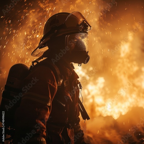 Courageous Firefighter at the Ready. Heroic Fireman, Clad in Full Uniform and Protective Gear, Prepared to Tackle the Dangers of an Inferno © Thares2020