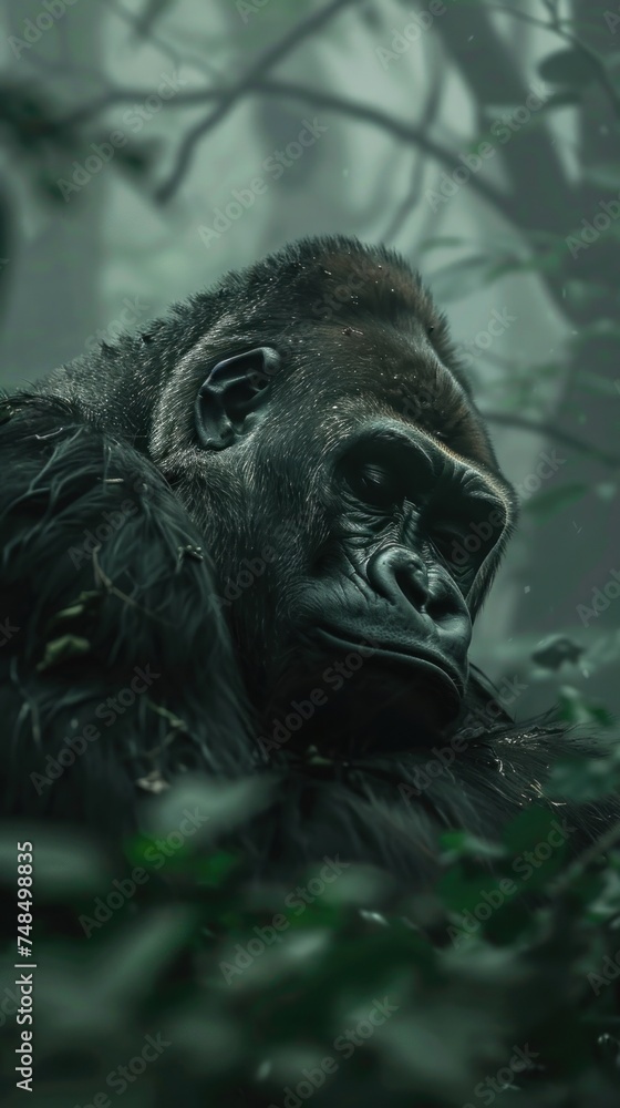 Pristine Forests Gorilla Roams. Strength and Resilience in the Untamed Wilderness. With its Powerful Presence and Intelligent Gaze