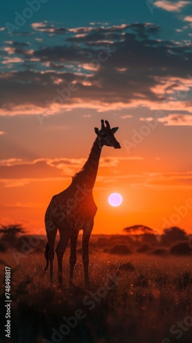 Giraffe Against Sunset. Symbol of Grace and Beauty in the Untamed Wilderness. As the Sun Dips Below the Horizon