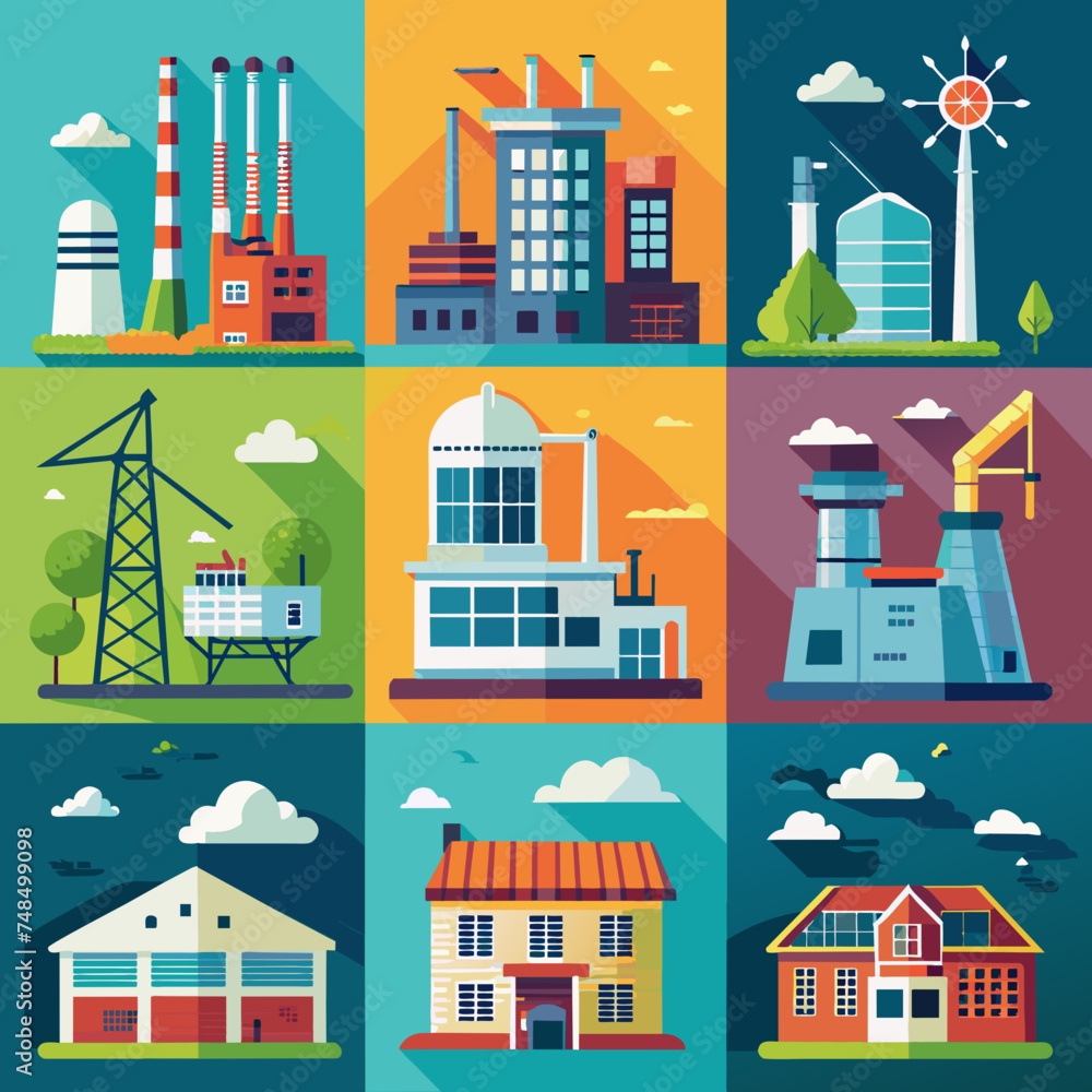 Obraz premium Power Facilities - Industrial Energy Buildings Like Hydroelectric Dams, Nuclear Plants, Geothermal & Wind Farms for Clean Energy Generation