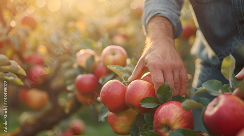 Close up of man picking apples during autumn harvest in orchard. generative ai 