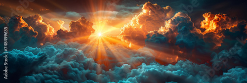 Bright sun shining through dramatic clouds, perfect for adding warmth and energy to your website, social media or design projects.rays of light shining through clouds,