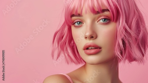 Emotion pink bob short hairstyle woman lips makeup on a pink background