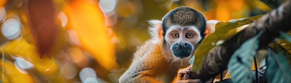Fototapeta premium Monkey Observes its Rainforest Domain from Atop a Tree. With Lush Green Foliage Surrounding Blends Seamlessly into its Natural Habitat