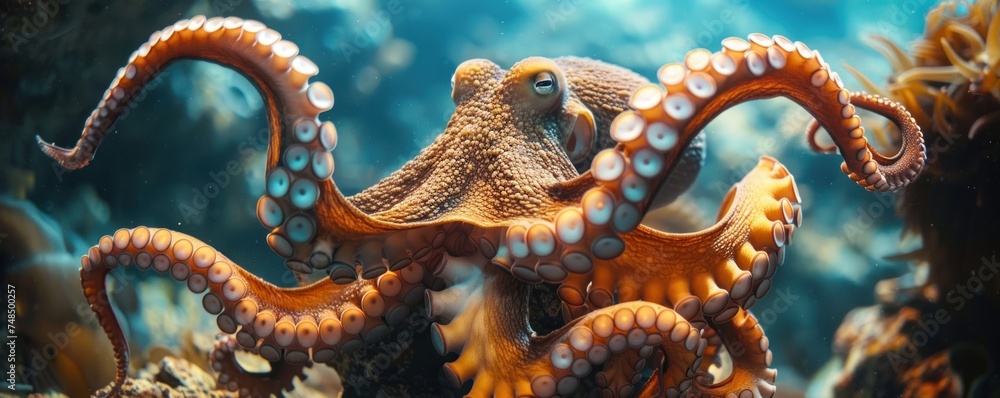 Intriguing Underwater World. Beauty of Octopuses in Natural Habitat. Amidst the Vibrant Coral Reefs and Colorful Marine Life Intriguing Underwater World. Beauty of Octopuses in Natural Habitat. Amidst the Vibrant Coral Reefs and Colorful Marine Life
