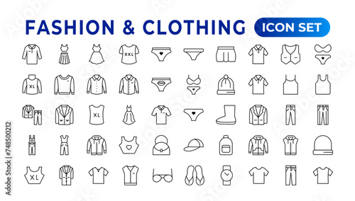 Set of line icons related to fashion, sewing, and clothing. Outline icon collection. clothes and cloth elements - minimal thin line web icon set. Outline editable icons collection. Dress,polo t-shirt photo