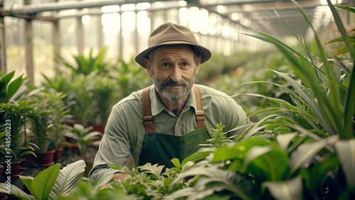 Close-Up Portrait of a Gardener Tending to Plants in a Greenhouse
