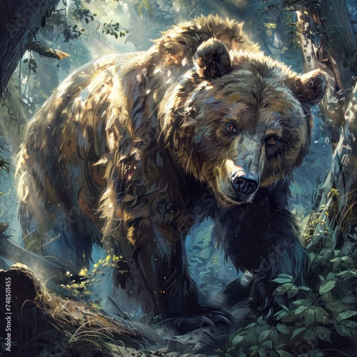 Close-up Portrait of a Grizzly Bear in its Natural Forest Powerful Predator Standing Tall Amongst Towering Pine Trees