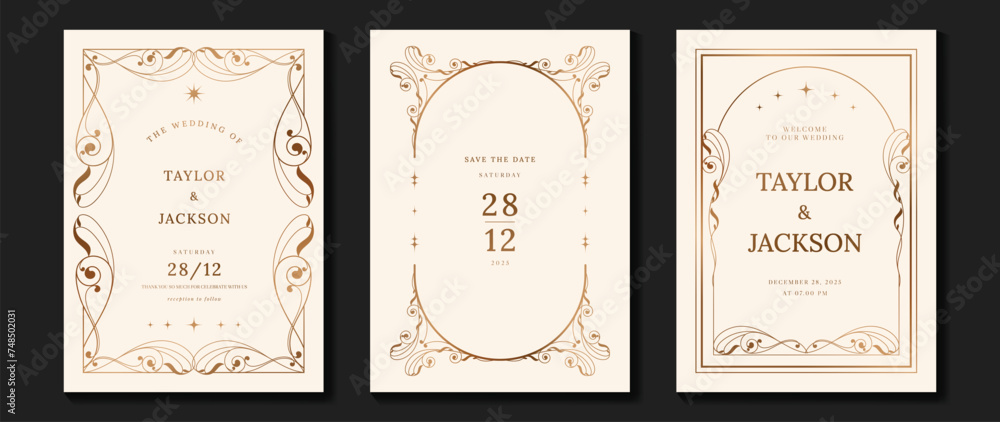 Luxury wedding invitation card vector. Elegant art nouveau classic antique design, gold lines gradient, frame on light background. Premium design illustration for gala, grand opening, art deco. - obrazy, fototapety, plakaty 