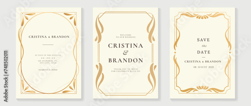 Luxury wedding invitation card vector. Elegant art nouveau classic antique design, gold lines gradient, frame on light background. Premium design illustration for gala, grand opening, art deco.