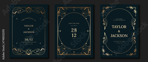 Luxury wedding invitation card vector. Elegant art nouveau classic antique design, gold lines gradient, frame on navy background. Premium design illustration for gala, grand opening, art deco.