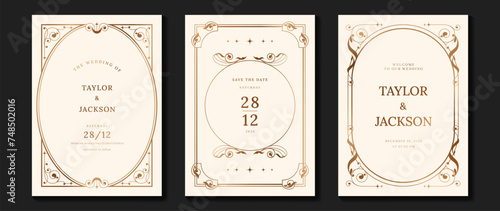 Luxury wedding invitation card vector. Elegant art nouveau classic antique design, gold lines gradient, frame on light background. Premium design illustration for gala, grand opening, art deco.