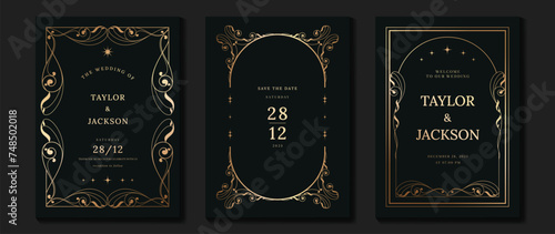 Luxury wedding invitation card vector. Elegant art nouveau classic antique design, gold lines gradient, frame on dark green background. Premium design illustration for gala, grand opening, art deco.