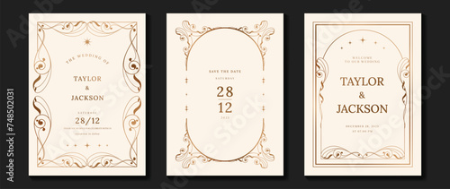 Luxury wedding invitation card vector. Elegant art nouveau classic antique design, gold lines gradient, frame on light background. Premium design illustration for gala, grand opening, art deco. photo