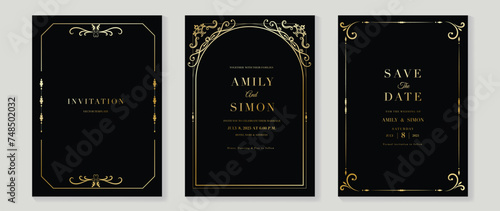 Luxury wedding invitation card vector. Elegant art nouveau classic antique design, gold line gradient, frame on dark background. Premium design illustration for gala, grand opening, art deco.