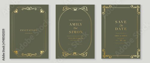 Luxury wedding invitation card vector. Elegant art nouveau classic antique design, gold line gradient, frame on green background. Premium design illustration for gala, grand opening, art deco.
