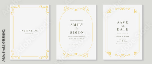 Luxury wedding invitation card vector. Elegant art nouveau classic antique design, gold line gradient, frame on white background. Premium design illustration for gala, grand opening, art deco.