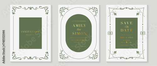 Luxury wedding invitation card vector. Elegant art nouveau classic antique design, green line, frame on white background. Premium design illustration for gala, grand opening, art deco.