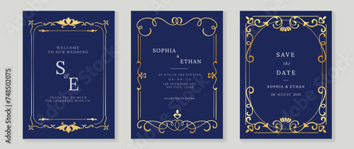 Luxury wedding invitation card vector. Elegant art nouveau classic antique design, gold line gradient, frame on blue background. Premium design illustration for gala, grand opening, art deco.